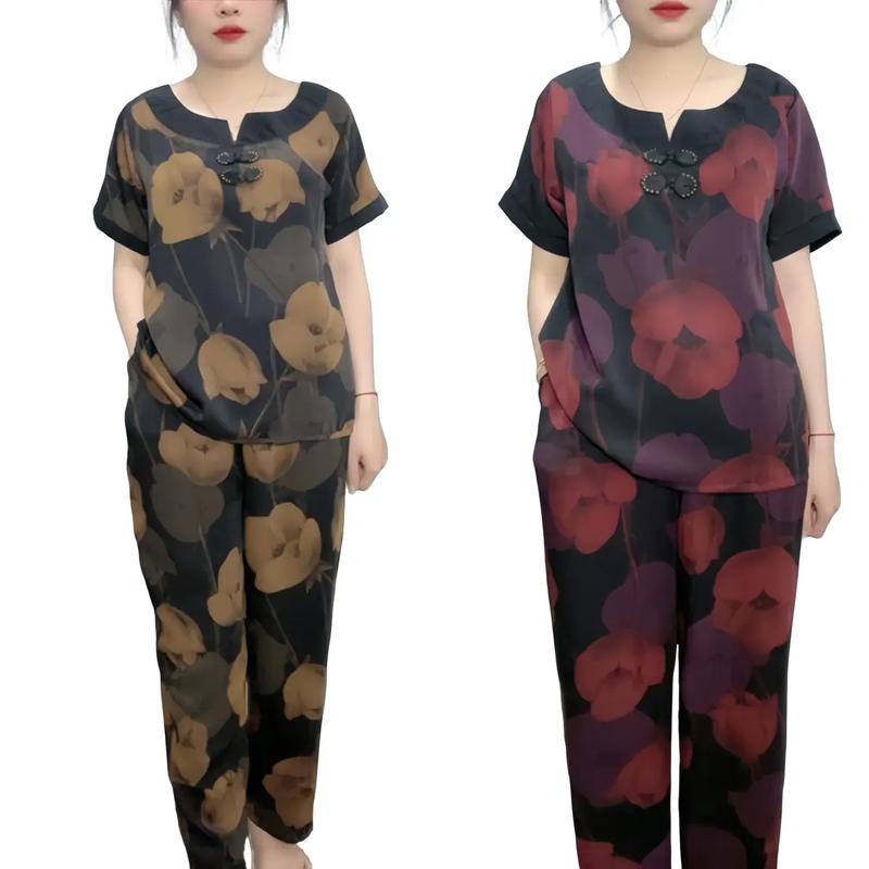  Đồ bộ trung niên nữ  đồ bộ lụa mango hoạ tiết hoa tulip ,quần 9tấc  áo cộc tay Women Bo Chun Voi. 