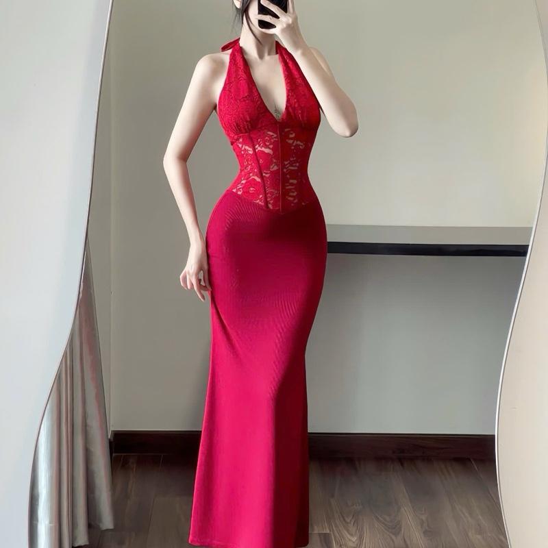 DARLING [L.Studio] Đầm dài cổ yếm phối Ren cao cấp SẴN MUSH ngực, thân váy thun đuôi cá tôn dáng 4