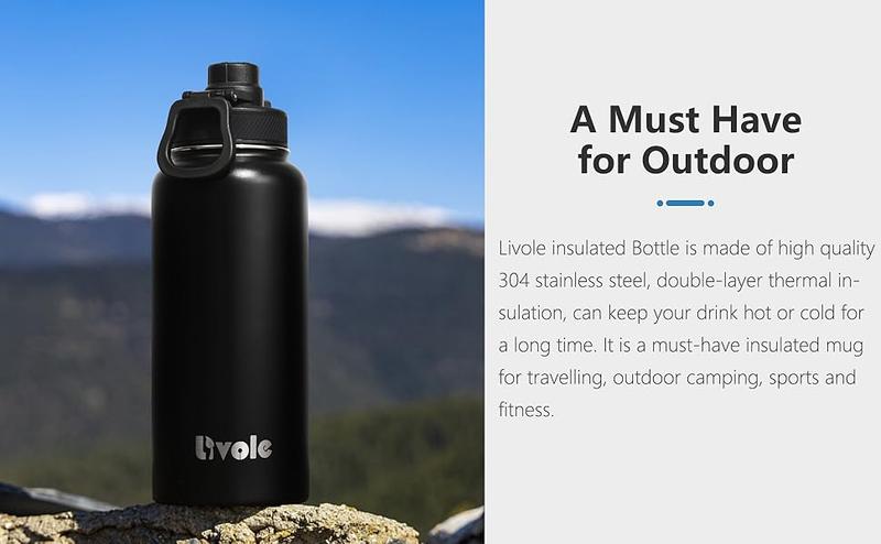 Product Introduction of Livole Stainless Steel Water Bottle for Women, Men, 32oz 950ml Insulated Water Bottles for Sports, Gym, Travel, Climbing, Vacuum Metal Water Bottle with Straw and 2 Lids, Bottle Carrier, Black 39
