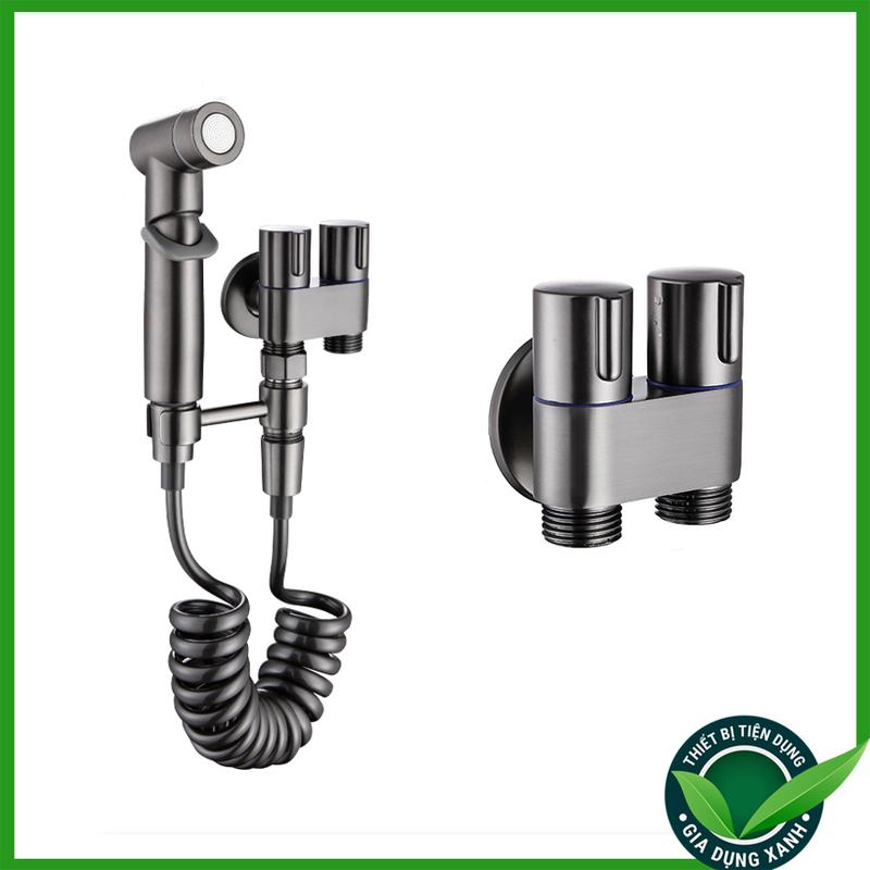 Van Nước 2 Cổng Ra Chữ H Inox 304 Và Bộ Vòi Xịt Vệ Sinh Tăng Áp Tay Gạt, Chia Nước Bồn Cầu, Máy Giặt