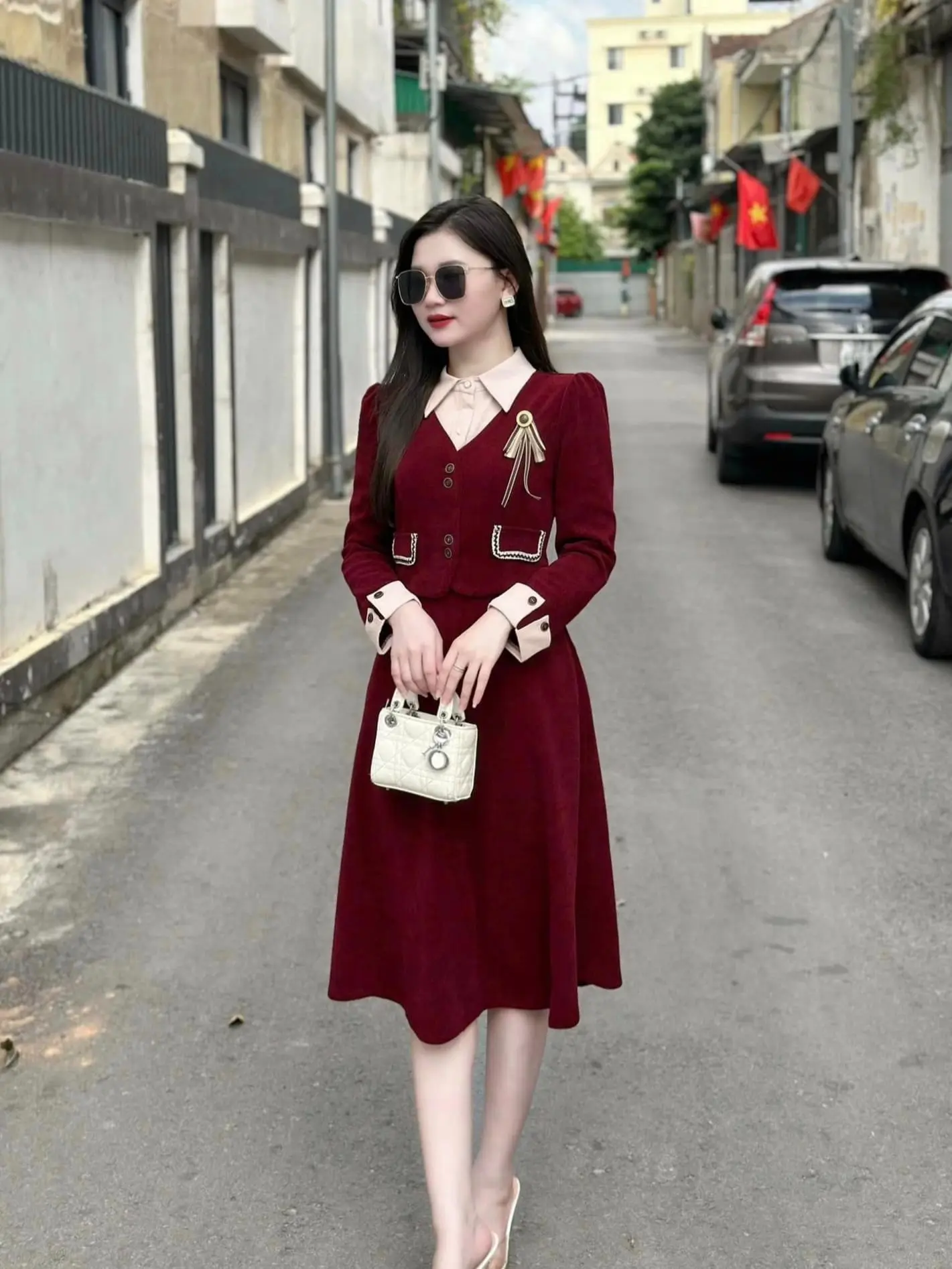 Sét Áo Chân váy áo chất liệu cao cấp vân nhung thiết kế sang chảnh Sét Bộ Nhung Nữ màu đỏ mận dạo phố,đi chơi tết S236 - Dress, Women Top