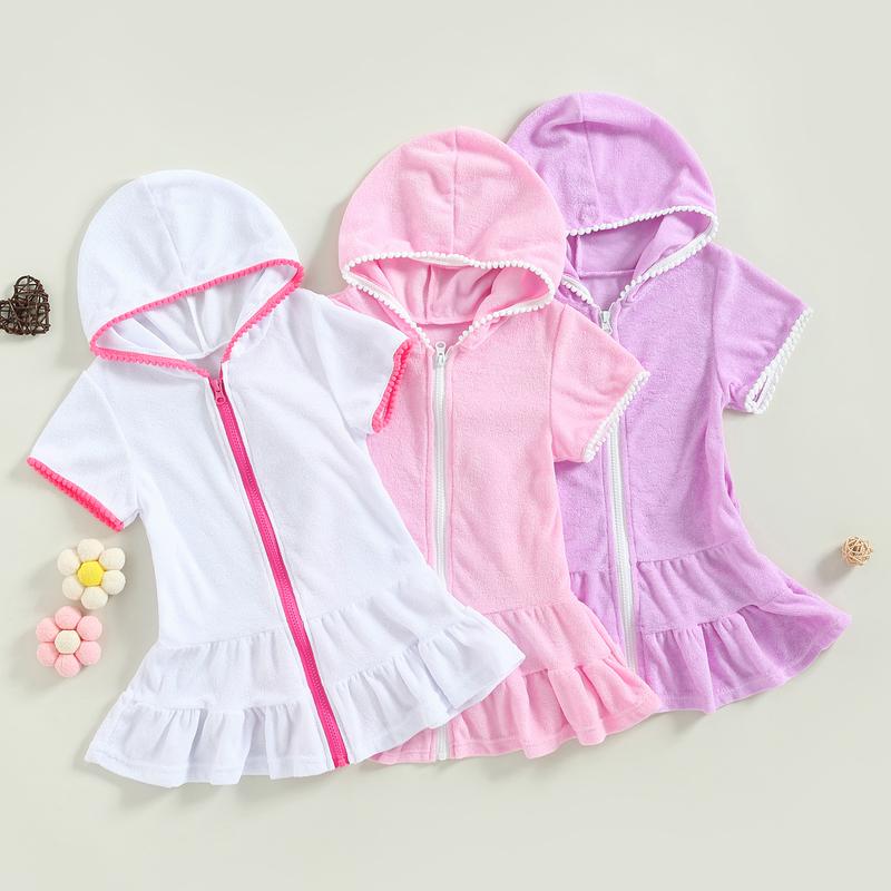 Girls Swim Cover Up, Terry Bathing Suit Coverup Short Sleeve Zip Up Beach Dress for Kids Advised Age: 2-10 Years 0