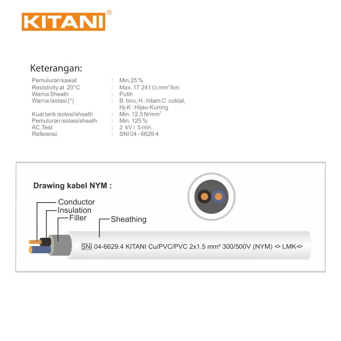 KITANI - NYM 2x1.5 mm² - 10 Meter -  Kabel Tembaga Kawat 2