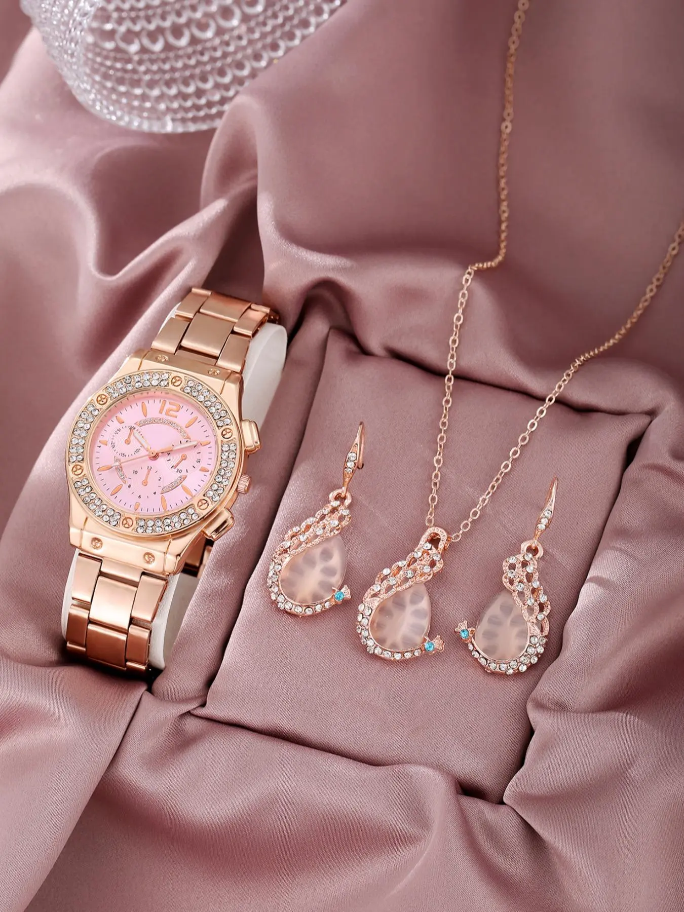Fashion Round Dial Rhinestones Decor Analog Quartz Watch & Water Drop Shaped Jewelry Set without Box, Trendy Style Wristwatch Set for Women & Girl, Exquisite Gift