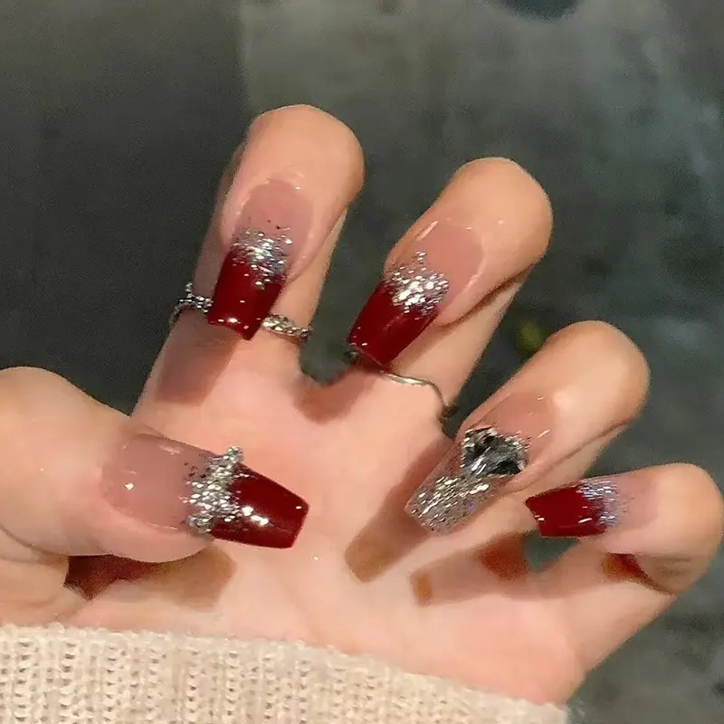 Wine Red Blooming Shining Heart Wear Nail Long Nail Sticker Transparent Hot Girl Ins Style Fake Nails Wholesale 24 Pieces