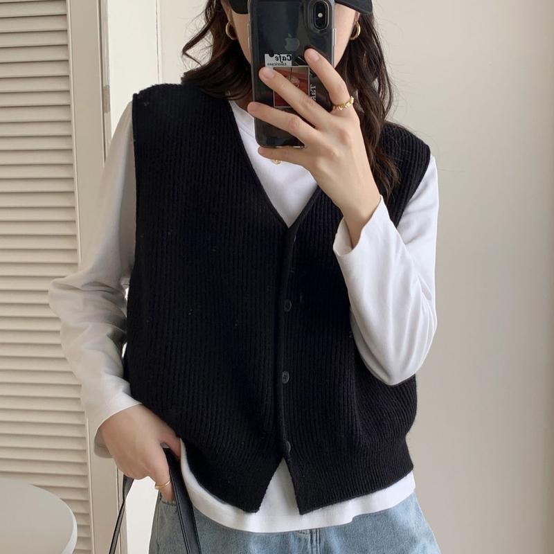 Áo Vest Cardigan Cổ Chữ V, Phong Cách Thanh Lịch Châu Âu Và Mỹ, Áo Vest Mặc Bên Ngoài Ngoài Trời Mới Mùa Thu Cho Nữ, Đồ Len, Áo Không Tay Ngắn, Dành Cho Nữ Women Top 0