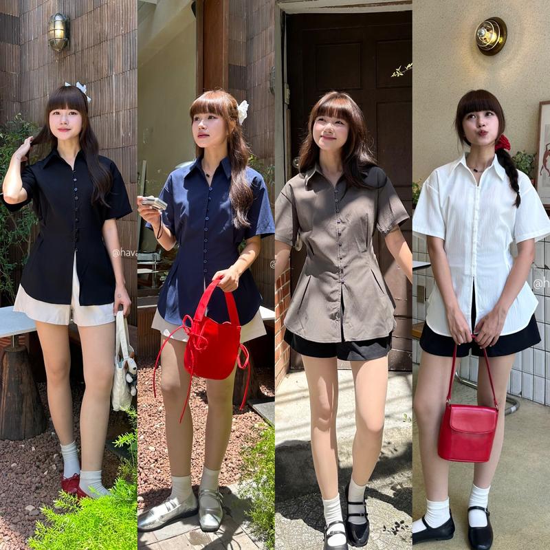 Set áo sơ mi vạt bầu phối cúc tàu có dây buộc tôn eo kèm quần short cạp chun năng động HAVANA SAT258