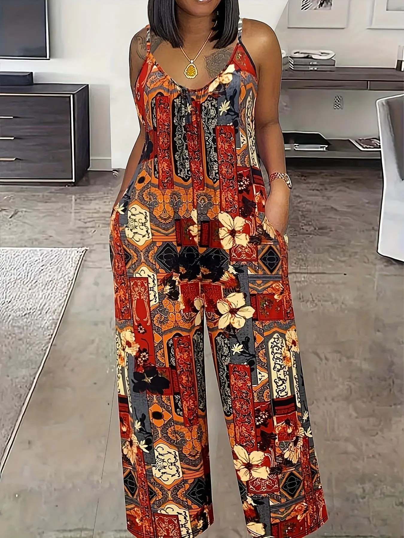 Women's All Over Print Pocket Jumpsuit, Casual Boho Sleeveless Jumpsuit for Beach Holiday Vacation, Ladies Clothes for Summer