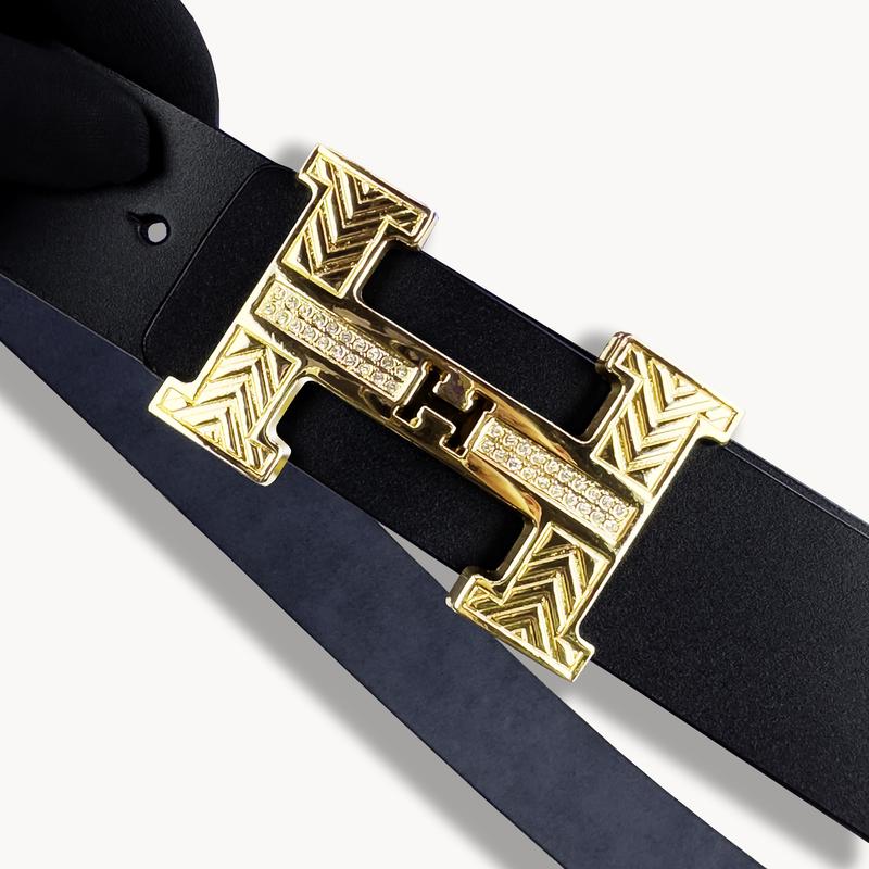 Thắt Lưng Nam khóa lỗ Mặt chữ H vàng bóng có đính đá lấp lánh dây da bò sang trọng Kim Tuyến