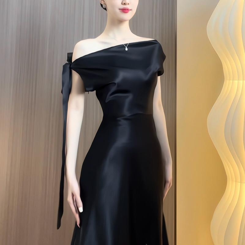 Đầm dự tiệc thiết kế trễ vai phối nơ chất lụa hàn Đầm dự tiệc sang trọng