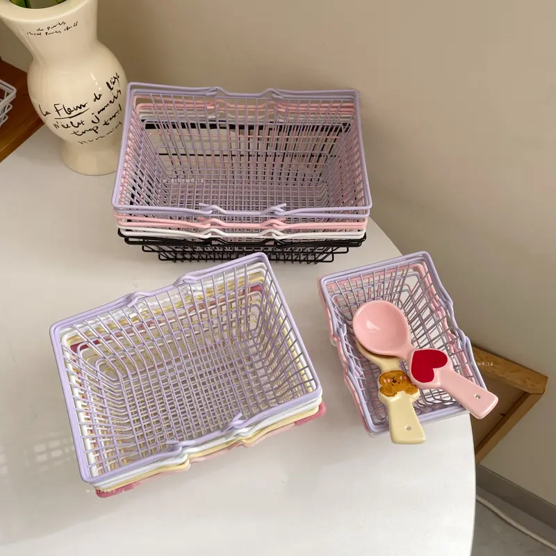 [MINIHOME] LULU Basket Keranjang Mini Trolley Aesthetic Keranjang Kecil Dekorasi Rumah Korean Home Décor Organizer Tempat Penyimpanan Minimalis Stainless Steel Korea Keranjang Buah Belanja Makeup Pink Minihome 6
