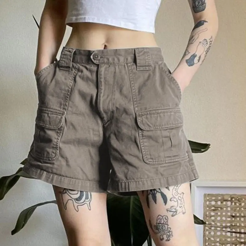 Quần Short Túi Hộp Thẳng Cho Nữ, Phong Cách Mỹ, Retro, Đã Giặt, Có Túi, Bf, Eo Giữa, Quần Jean Thường Ngày, Quần Ống Rộng, Ins Hợp Thời Trang