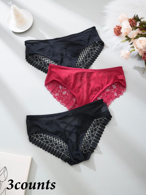 【Plus Size】  Floral Detail Contrast Mesh Lace Up Panty, Solid Color Sheer Fabric Knicker for All Seasons, Comfy Breathable Underwear for Women 5