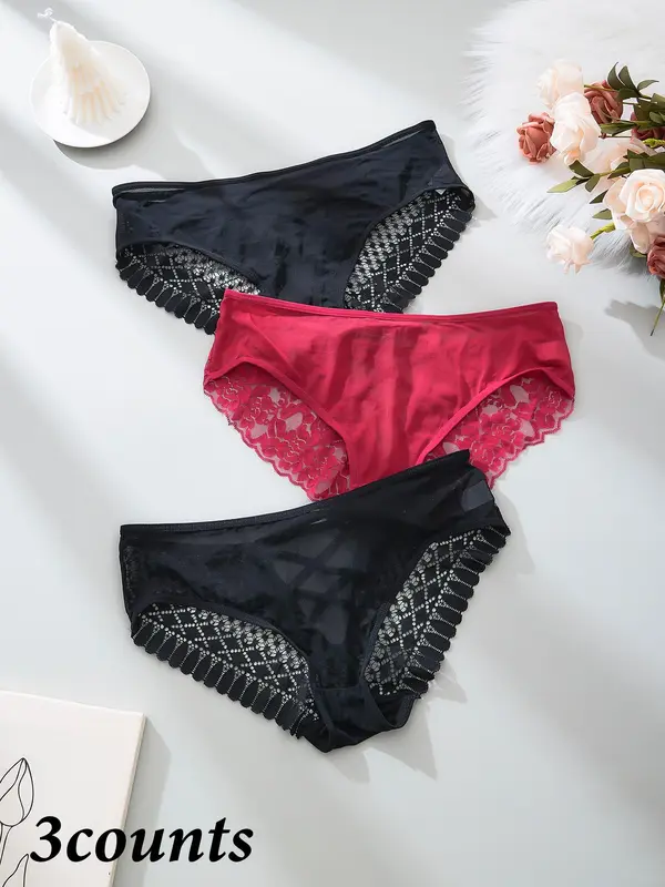 【Plus Size】  Floral Detail Contrast Mesh Lace Up Panty, Solid Color Sheer Fabric Knicker for All Seasons, Comfy Breathable Underwear for Women 4