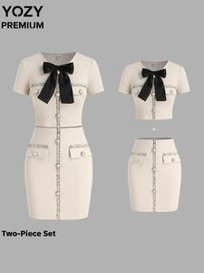 YOZY Women's Solid Bow Decor Button Decor Top & Skirt Two-piece Set, Casual Fashion Cozy Two Piece Outfits for Daily Outdoor Wear, Ladies Clothes for All Seasons