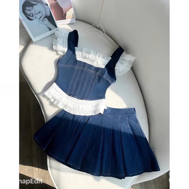 Set váy jean bé gái Hàng Thiết Kế áo phối ren chân váy ngắn xếp li phù hợp cho me và bé gái từ 15kg đến 60kg