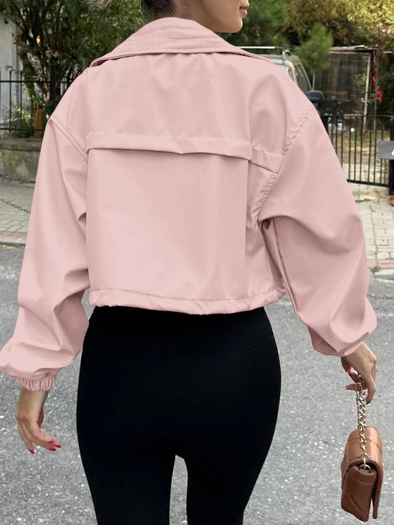 Product Introduction of Women's Solid Zip Up Crop Jacket, Casual Fashionable Pocket Lightweight Outerwear, Ladies Spring & Fall Clothes, Clothes for Women 7