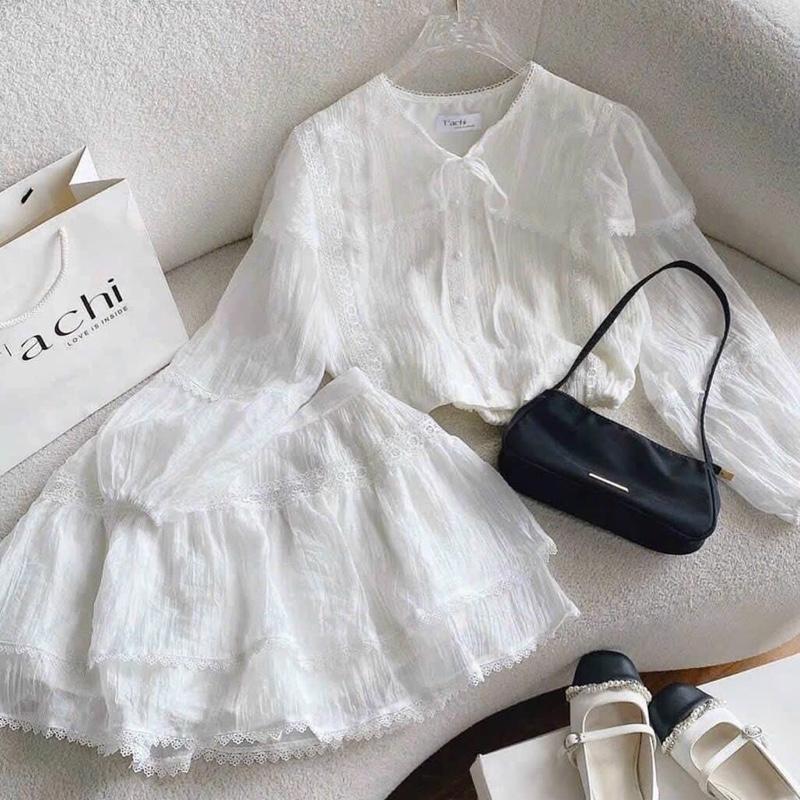 Mina strore Sét váy ren tiểu thư bánh bèo siêu xịn siêu siêu xinh và tôn dáng  chất vải tơ nến hai lớp chân váy có lót quần chuẩn hình cao cấp chạy ren chuẩn hình cao cấp set đồ đi chơi đi cưới đi biển siêu xinh