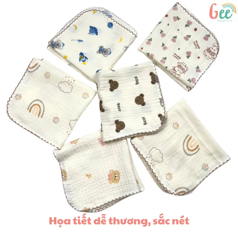 Khăn sữa muslin Gee, set 5 khăn xô mềm mịn mát, thấm hút, an toàn cho bé, họa tiết dễ thương, vải cotton 2 lớp, 30x30cm 3