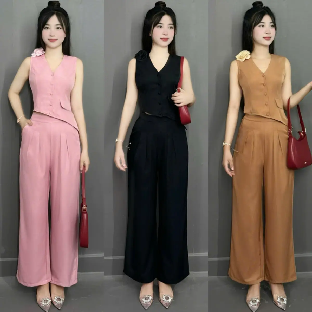 A23- set thiết kế dự tiệc áo vạt xéo núc bọc mix quần from xuông ống rộng kèm tag hoa sang trọng, thích hợp đi tiệc đi chơi, vải lụa Hàn mềm mịn thoáng mát, đủ size S ,M,L,Xl. hoaiphuongshop hoaiphuongxuongmay