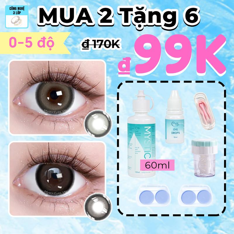 [Mua 2 Tặng 6]0-6 độ MYSTIC EYES Kính áp tròng 2 cặp lens 14.0mm-14.5mm + khay đựng lens + 1 lọ nước ngâm lens 60ml + 1 lọ nước nhỏ mắt 10ml + 1 dụng cụ rửa lens và COMBO 1 set dụng cụ đeo lens lens cứng