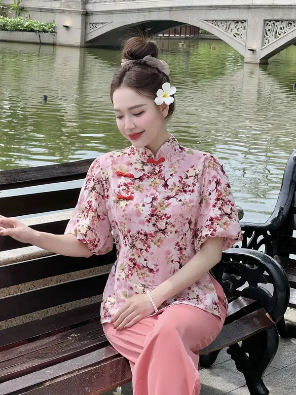 Đồ bộ bà ba nữ quần dài đồ bà ba nữ đồ bộ bà ba đi chùa ống rộng tay lỡ vải gấm - cn168 Áo Women 1