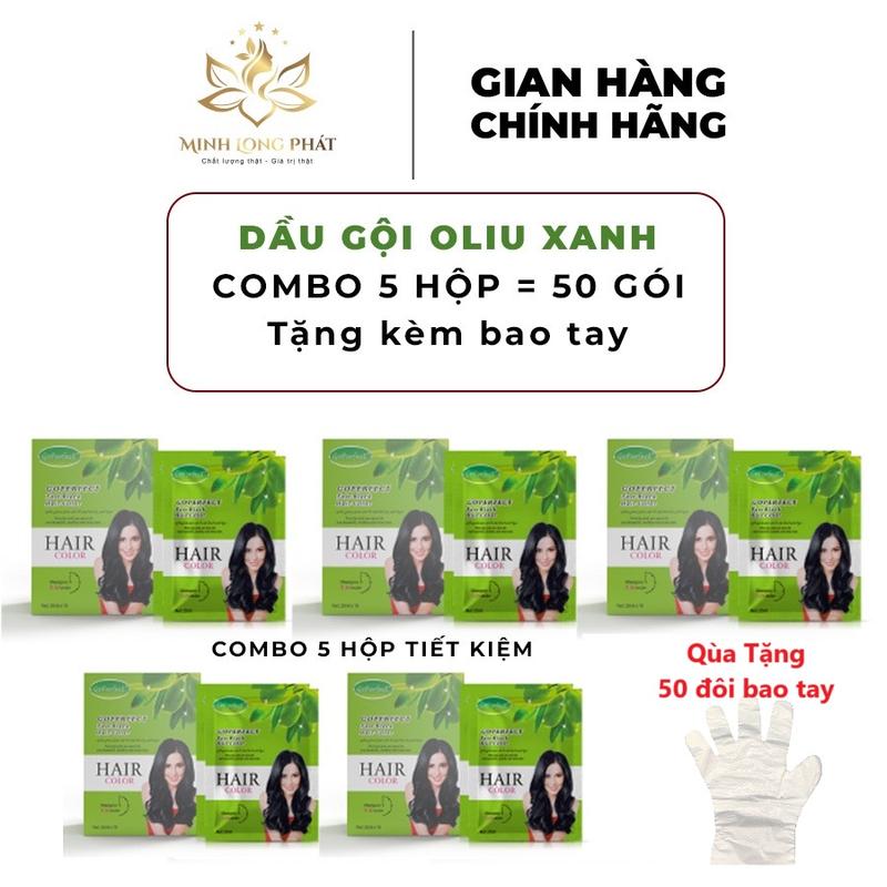 ( COMBO 5 HỘP OLIU XANH) 50 GÓI GỘI PHỦ BẠC OLIU XANH MÀU ĐEN NPP MINH LONG PHÁT - DẦU GỘI  Nhuộm Tóc MÀU ĐEN TỰ NHIÊN, THAY ĐỔI MÀU TÓC - TẶNG KÈM BAO TAY - MÀU ĐEN TỰ NHIÊN Nữ Dưỡng Tóc matte nude