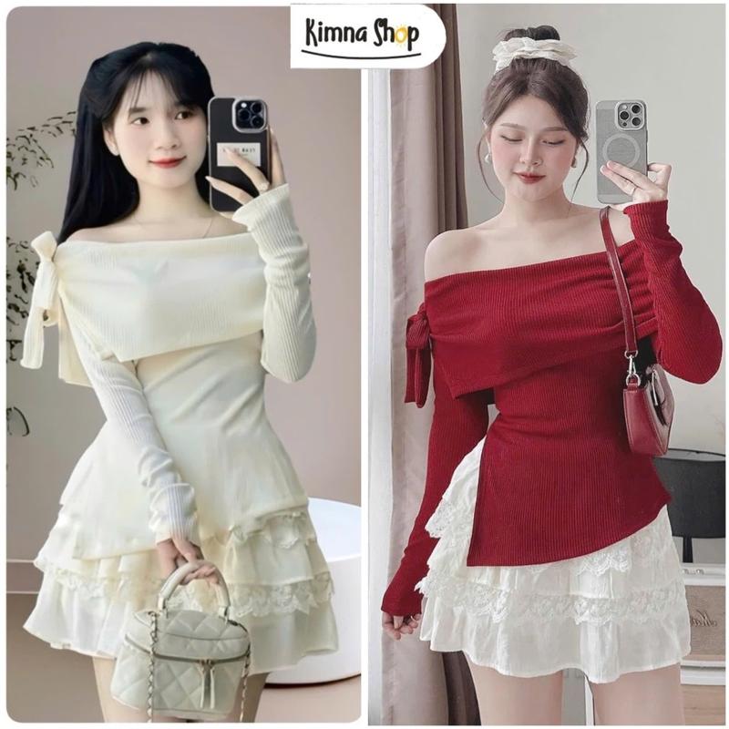Set Áo Tay Dài Trễ Vai Xẻ Vạt Nơ Tay , Chân Váy Xòe Nhiều Tầng Phối Ren