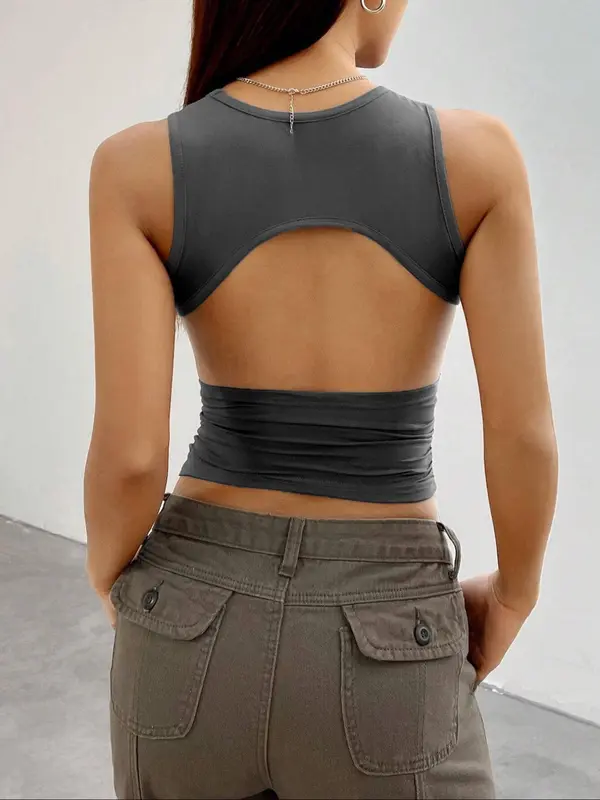 Women's Solid Ruched Backless Crop Tank Top, Casual Sleeveless Round Neck Top for Summer, Ladies Clothes for Daily Wear 3