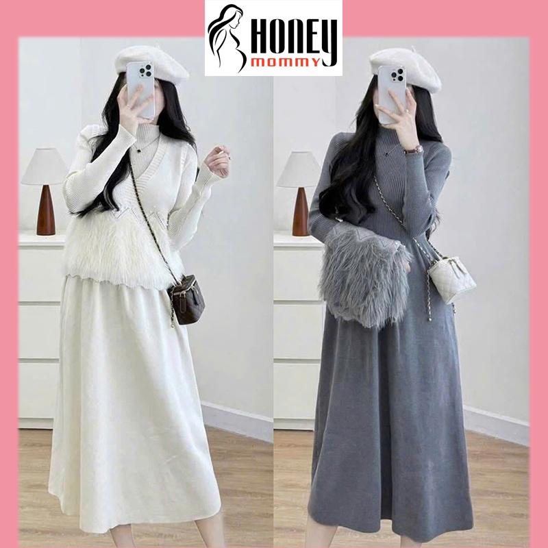 Set Váy Bầu Thu Đông Dáng Suông Len Gile Viền Lông Đính Ngọc Basic Trẻ Trung Mặc Đi Cafe Đi Tiệc HD3284 Honey Mommy
