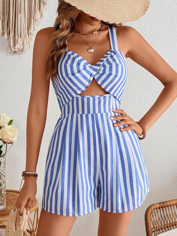 Women's Solid Color / Stripes Print Cut Out  Romper, Casual Fashion Romper for Summer, Women's Clothes for Beach Holiday 4