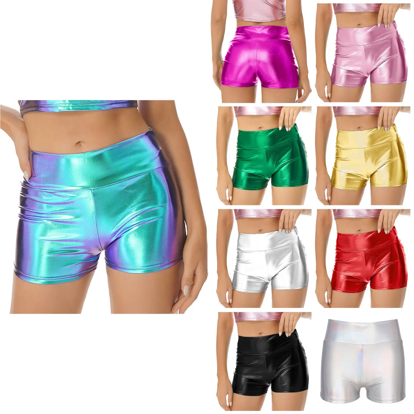 iixpin Women's Metallic Booty Shorts Shiny Rave Hot Pants High Waist Dance Workout Shorts Clubwear Fit Womenswear