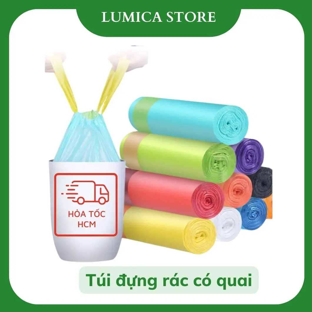 Combo 5 cuộn Túi đựng rác có quai Lumica, bao đựng rác có dây rút tự phân huỷ, tiện dụng sạch sẽ thông minh size 45x50 cm