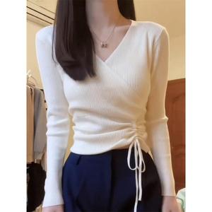 เสื้อสเวตเตอร์ถัก คอวี มีเชือกผูก สำหรับผู้หญิง ทรงสลิมฟิต แขนสั้น เสื้อฐาน ฤดูใบไม้ร่วง ฤดูหนาว 2024 มาใหม่