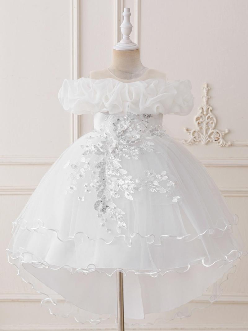 Product Introduction of Flower Girl Embroidery Sequin Decor Tulle Formal Dress, Elegant A-Line Dress for Party Wedding Guest, Kids Clothes for All Seasons 1