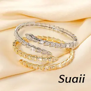 [Suaii] Cincin Terbuka Berhias Berlian Bentuk Tulang Ular Gaya Elegan dan Memukau A623