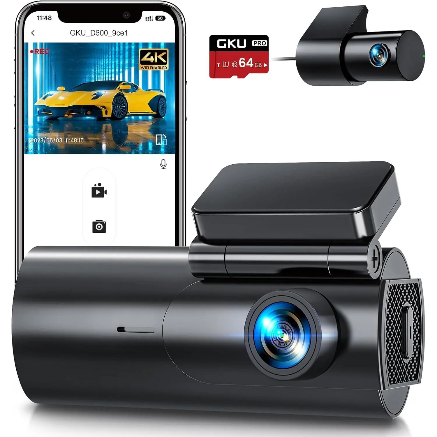 Gku Driving Recorder Front Rear Camera-4K +1080P Dual Driving Recorder, Suitable for 64gb SD Card, 5GHz WiFi Application Control, Night Vision, Parking Mode, G Sensor, Loop Recording, WDR,170 ° Wide Angle