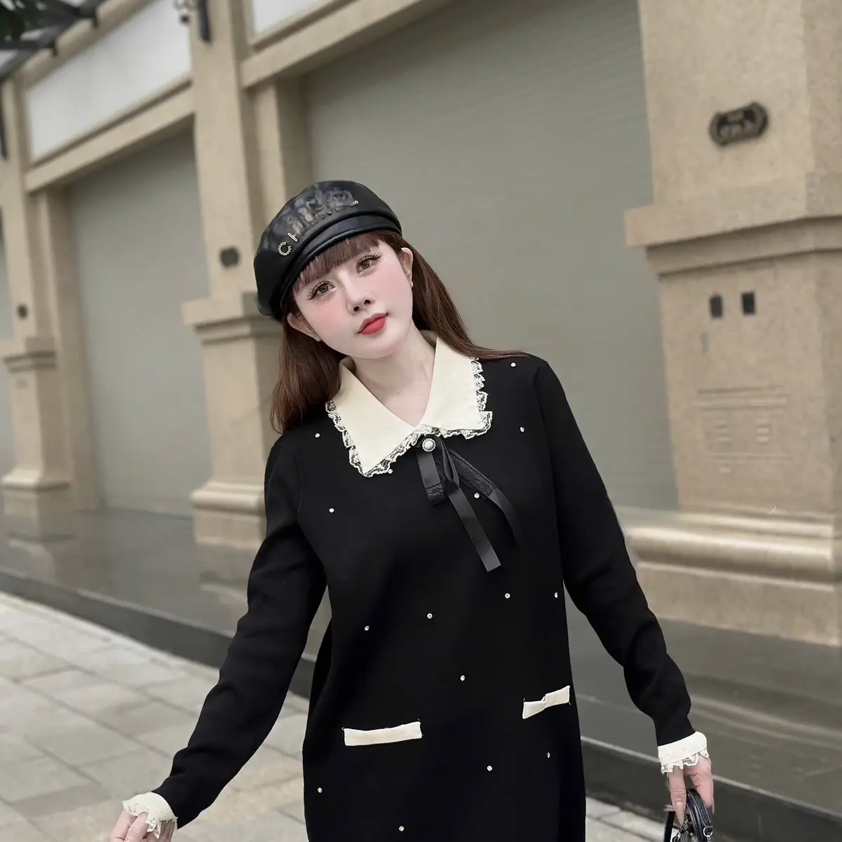 [MinnStudio] Váy xuông dài tay đính đá [ hàng QC ] chất mongtoghi phối CỔ REN BÈO tặng kèm tag nơ đá Dress12
