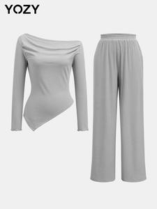 YOZY Women's Plain Lettuce Trim Pants Set, Casual One Shoulder Top & Drawstring Waist Pants Set for Spring, Ladies Co-ord Set for Daily Wear