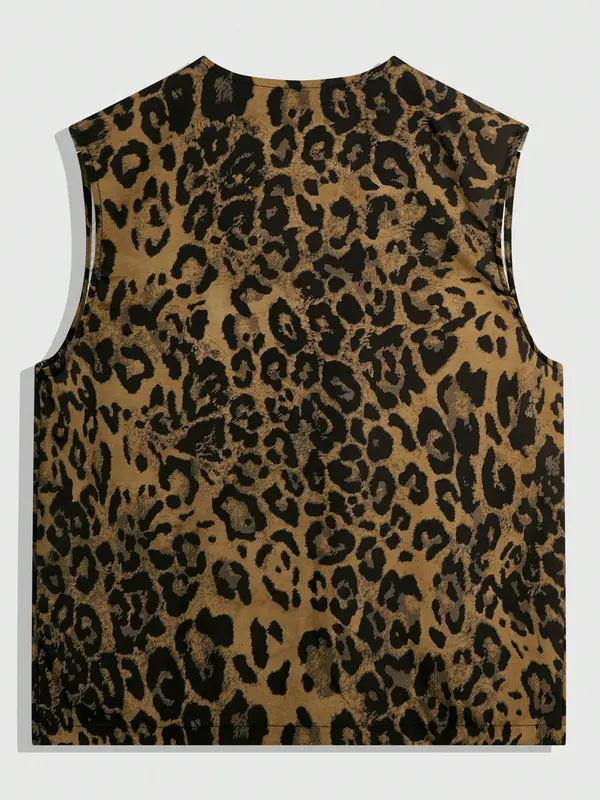 Men's Leopard Print Zip Up Vest Jacket, Regular Fit Casual Pocket Design Sleeveless Outerwear for Outdoor Hiking Camping, Fashion Men's Clothes for Summer, Menswear 5