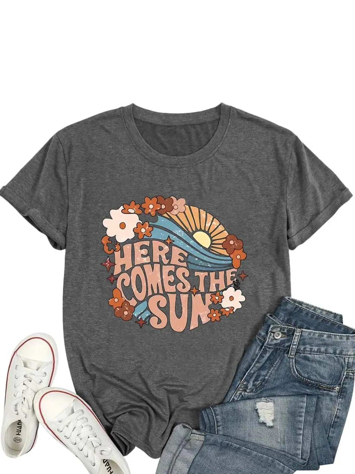 【Plus Size】 Letter & Sun Print Round Neck Tee, Plus Casual Short Sleeve Crew Neck T-Shirt for Summer, Women's Plus Clothing for Daily Wear