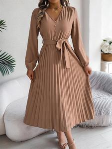 Vestido Largo de Mujer Liso con Plisado y Cinturón, Botones, Vestido en A, Manga Obispo y Escote en V, Vestido Casual para Primavera y Otoño, Ropa de Mujer para Uso Diario