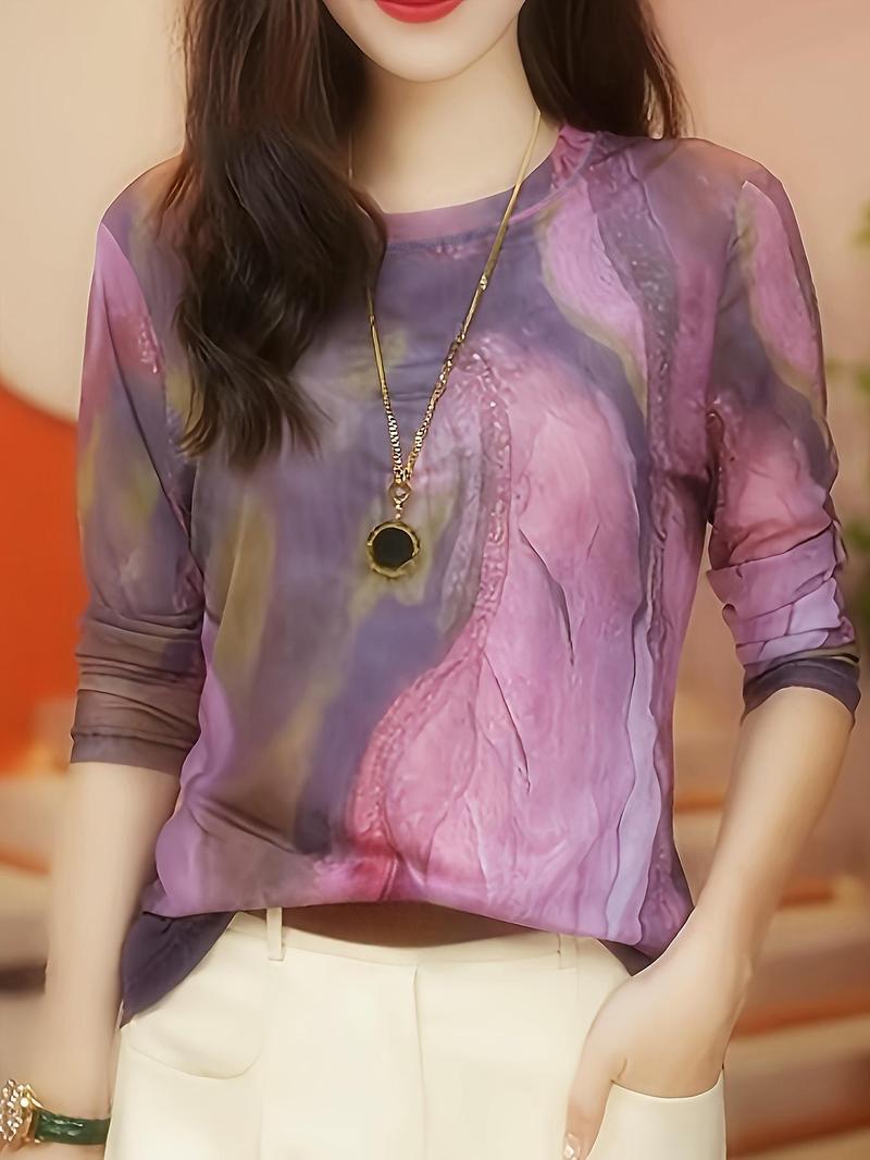 Product Introduction of Women's All Over Print Round Neck Tee, Elegant Casual Crew Neck Top for Spring & Fall, Women's Clothing for Daily Wear 3
