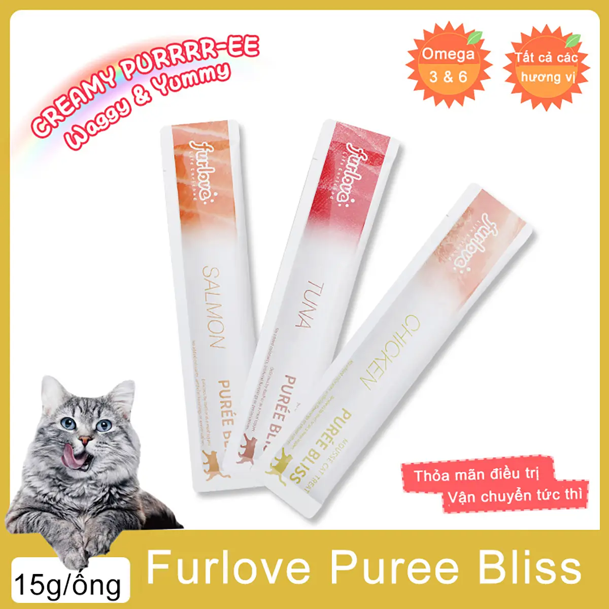 FURLOVE Súp thưởng cho mèo thanh 15g - Xúc Xích, Thức ăn cho mèo Có thể thêm vào giỏ hàng, mua nhiều sản phẩm và được miễn phí vận chuyển Có 3 vị để lựa chọn