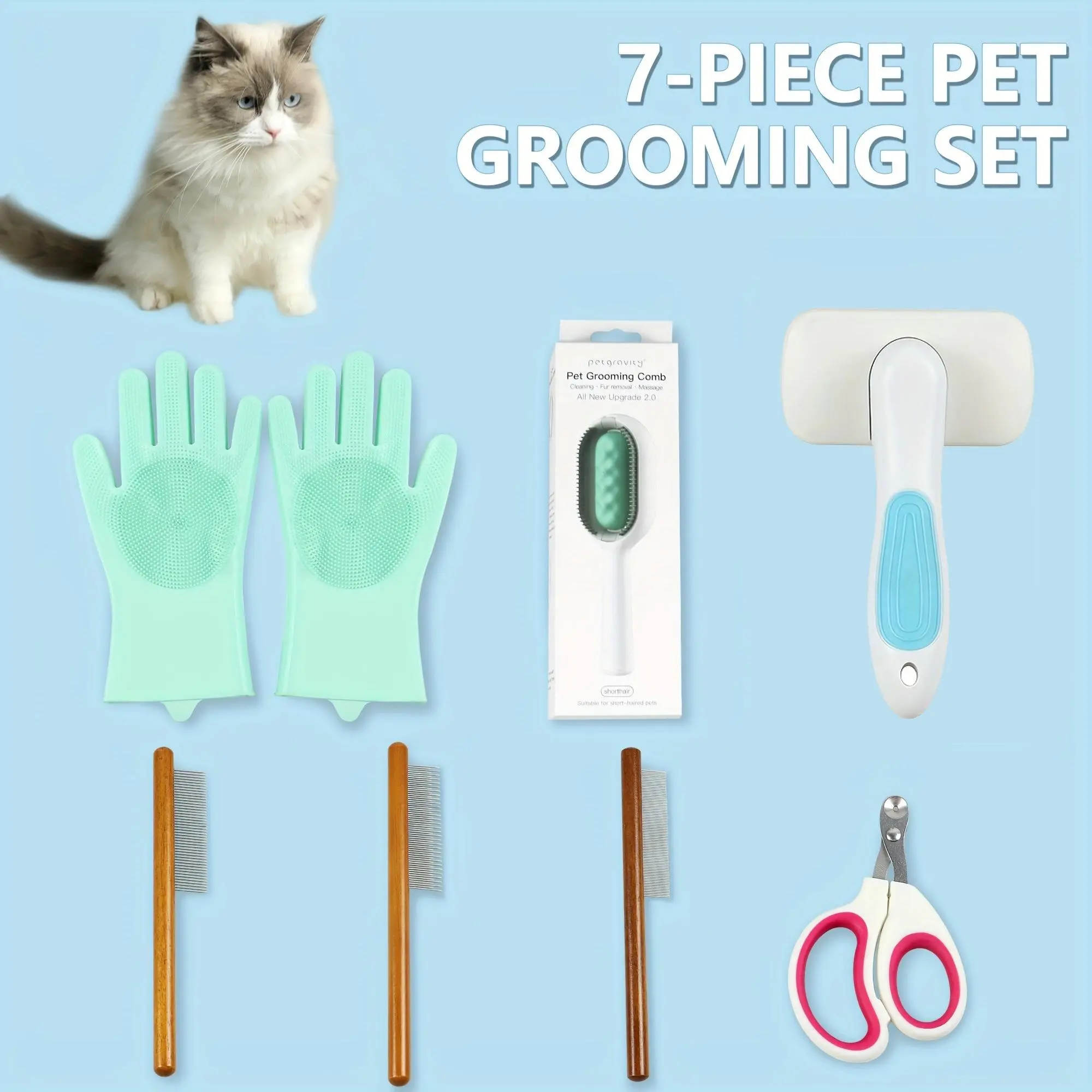Pet Grooming Tool Set, 7 Counts/set Pet Hair Removal Comb, Pet Massage Comb, Pet Nail Cutter, Silicone Gloves, Pet Grooming Supplies