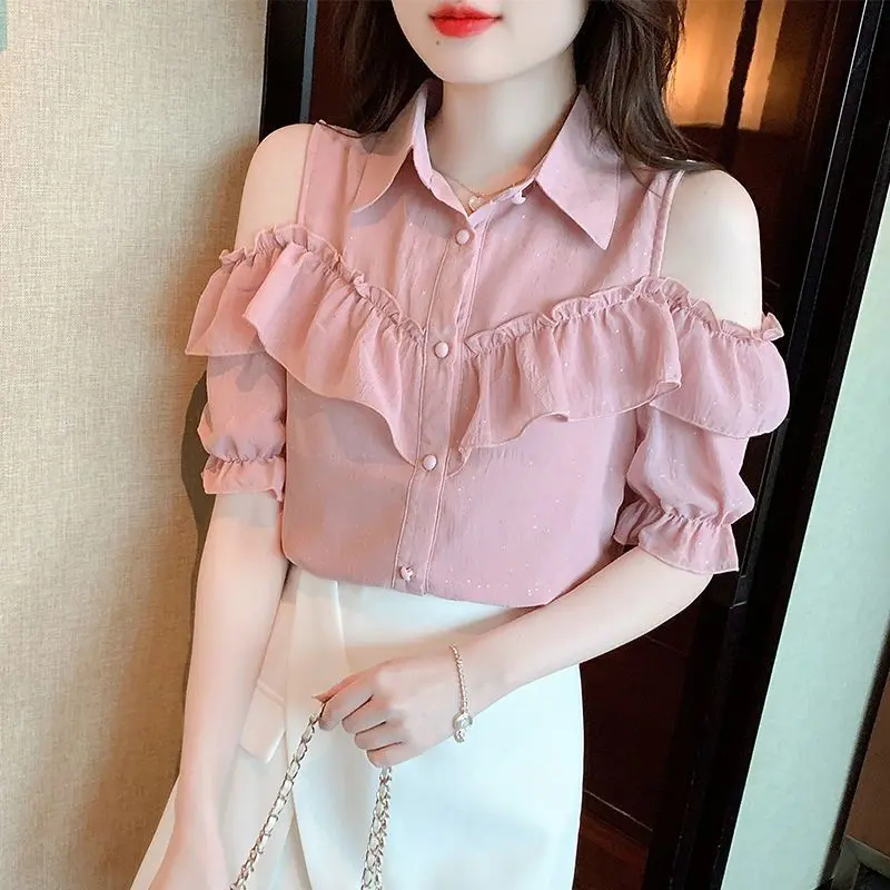 Áo Voan, Thời Trang, Phong Cách Thanh Lịch, Trễ Vai, Trang Phục Mùa Hè Của Phụ Nữ, Hàng Mới Về 2024, Thiết Kế Selvedge Dây ngắn Tay Áo, Áo Phong Cách Phương Tây, Cỡ Nhỏ 3