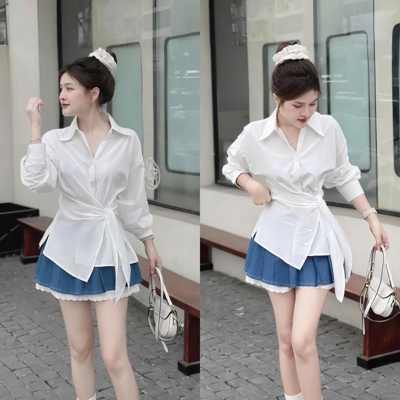 Set Áo Sơ Mi Trắng Cột Eo Phối Chân Váy Jeans Viền Ren Tiểu Thư Xinh Xắn Cho Nàng Đi Chơi Đi Dạo Phố