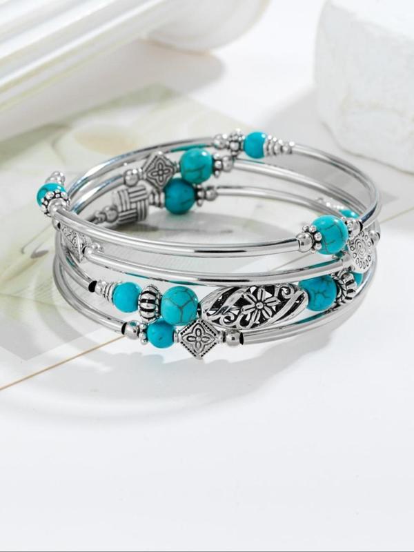 Vintage Boho Style Turquoise Texture Flower Design Bracelet, Alloy Jewelry for Party, Daily Clothing Decor, Trendy All-match Jewelry for Birthday Gift 3