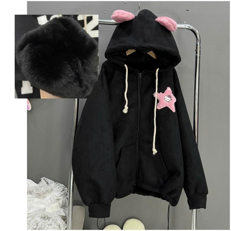 Áo khoác nỉ lông cừu mèo helo chữ M Phom Rộng - Women Nữ Hoodie Top Có Túi