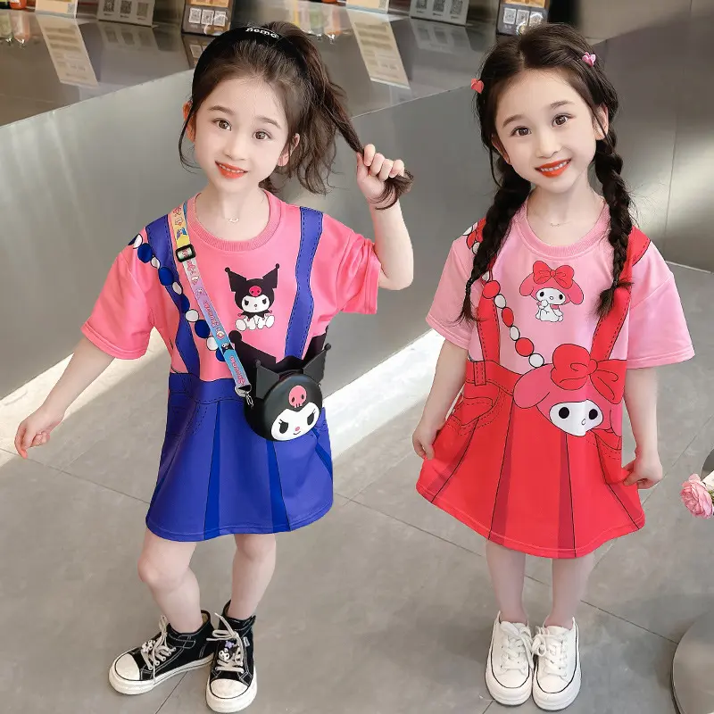 Girls' T-shirt Summer Short Sleeve Mid-Length Children's T-shirt Skirt Trendy Fake Two Pieces Baby Half Sleeve Summer Girls' Dress